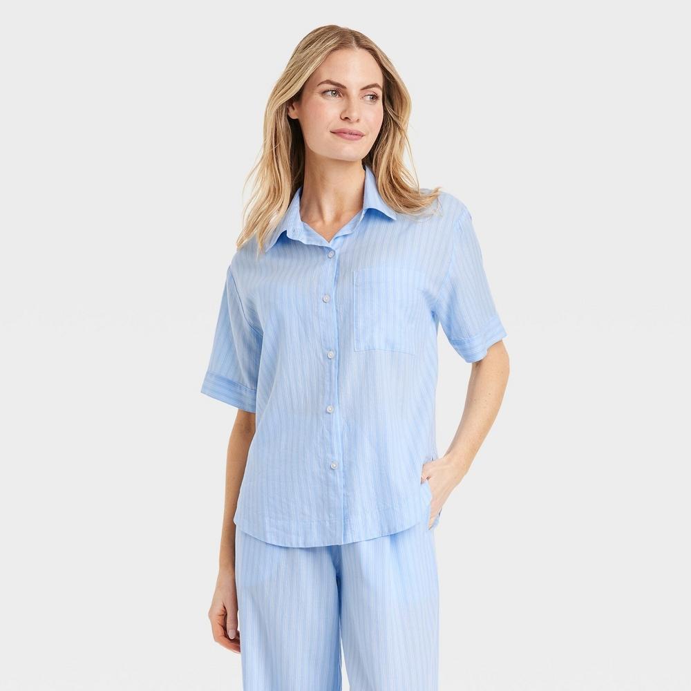 Womens Striped Cotton Blend Button-Up Pajama Top - Stars Above Blue L Product Image