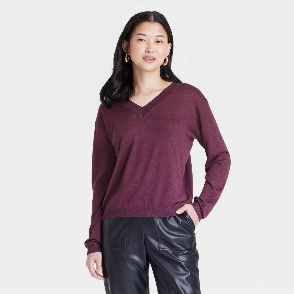 Womens Fine Gauge V-Neck Pullover Sweater - A New Day Burgundy L Product Image