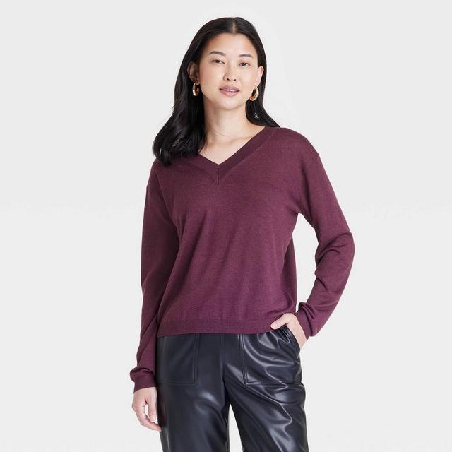 Women's Fine Gauge V-Neck Pullover Sweater - A New Day™ Burgundy M Product Image