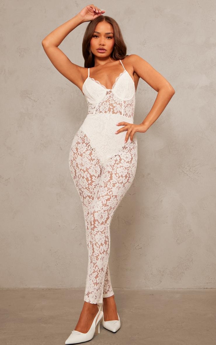 Petite White Woven Lace Jumpsuit Product Image