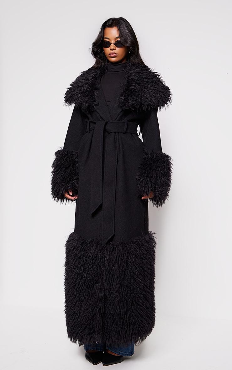 Black Faux Fur Trim Contrast Wool Look Coat Product Image