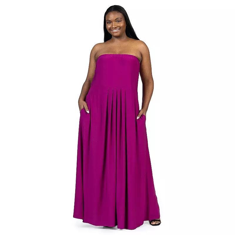 Plus Size 24Seven Comfort Apparel Pleated A Line Strapless Maxi Dress With Pockets, Womens Pink Product Image