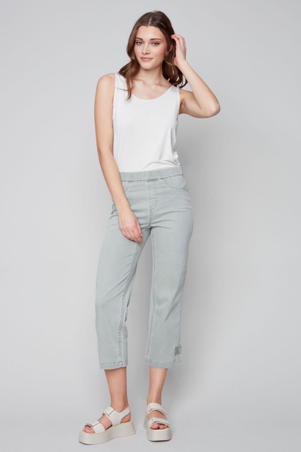 Pull on denim pant with side button detail Product Image