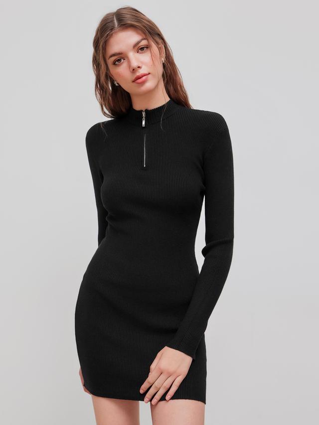 Knit High Neck Solid Zipper Mini Dress Product Image