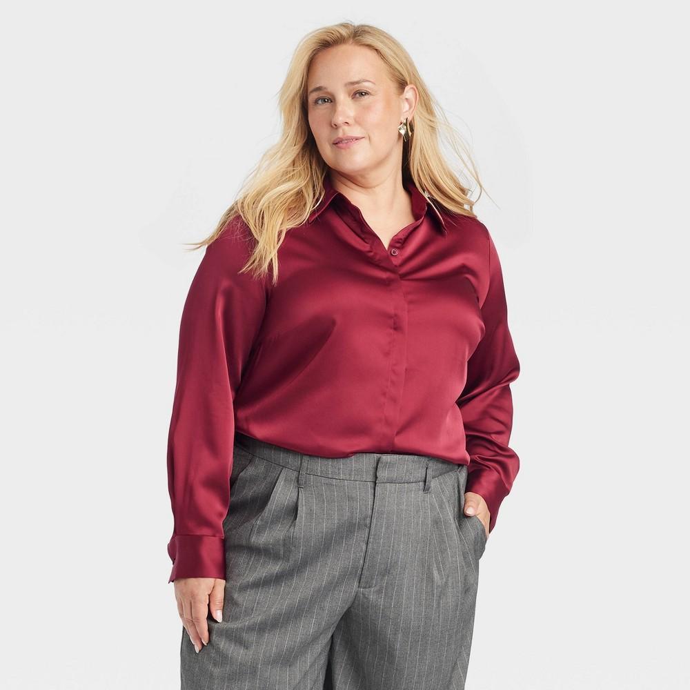 Womens Long Sleeve Button-Down Satin Shirt - A New Day Burgundy 4X Product Image