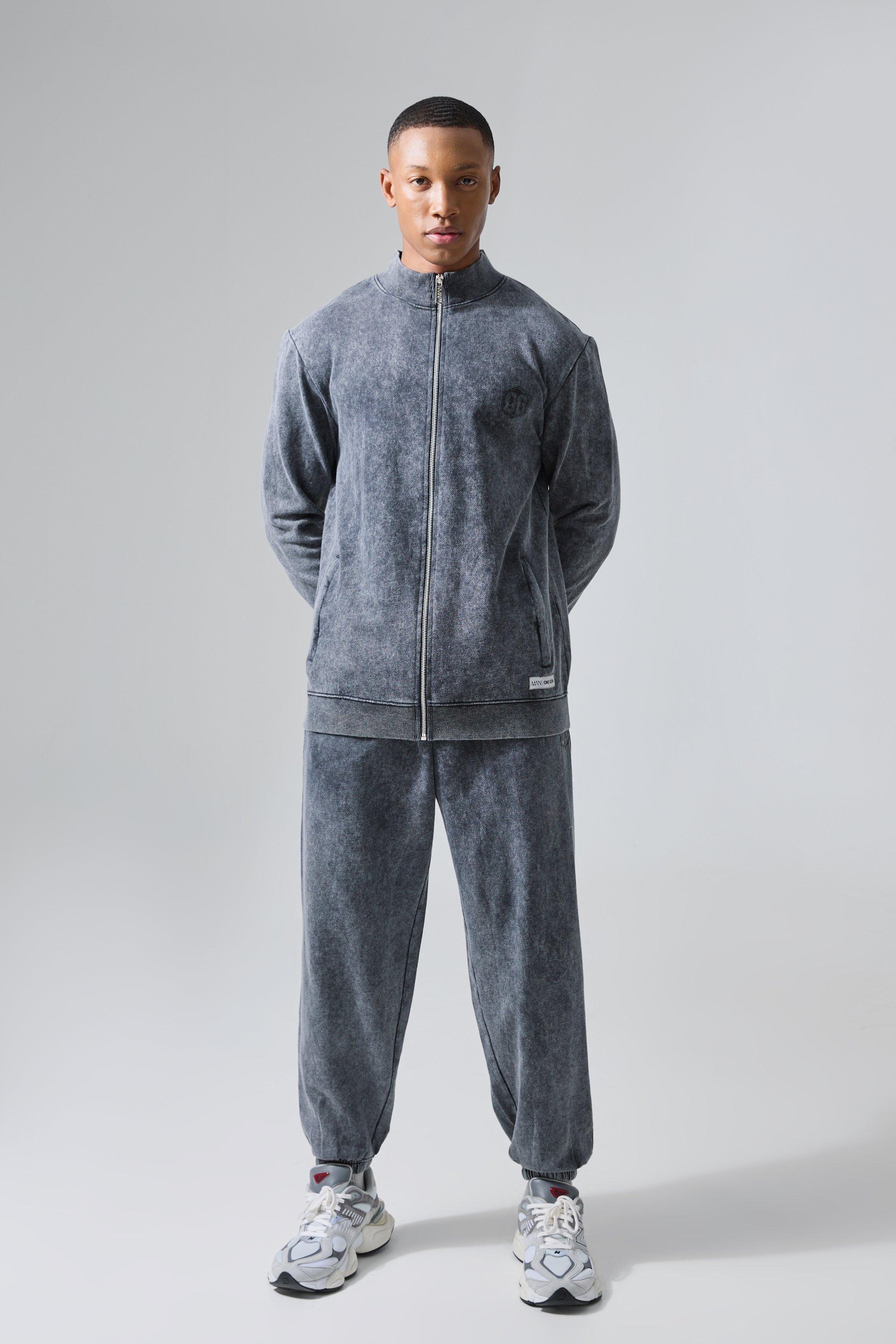 Mens Grey Man Active X Og Gym Washed Zip Through Funnel Neck Tracksuit, Grey Product Image