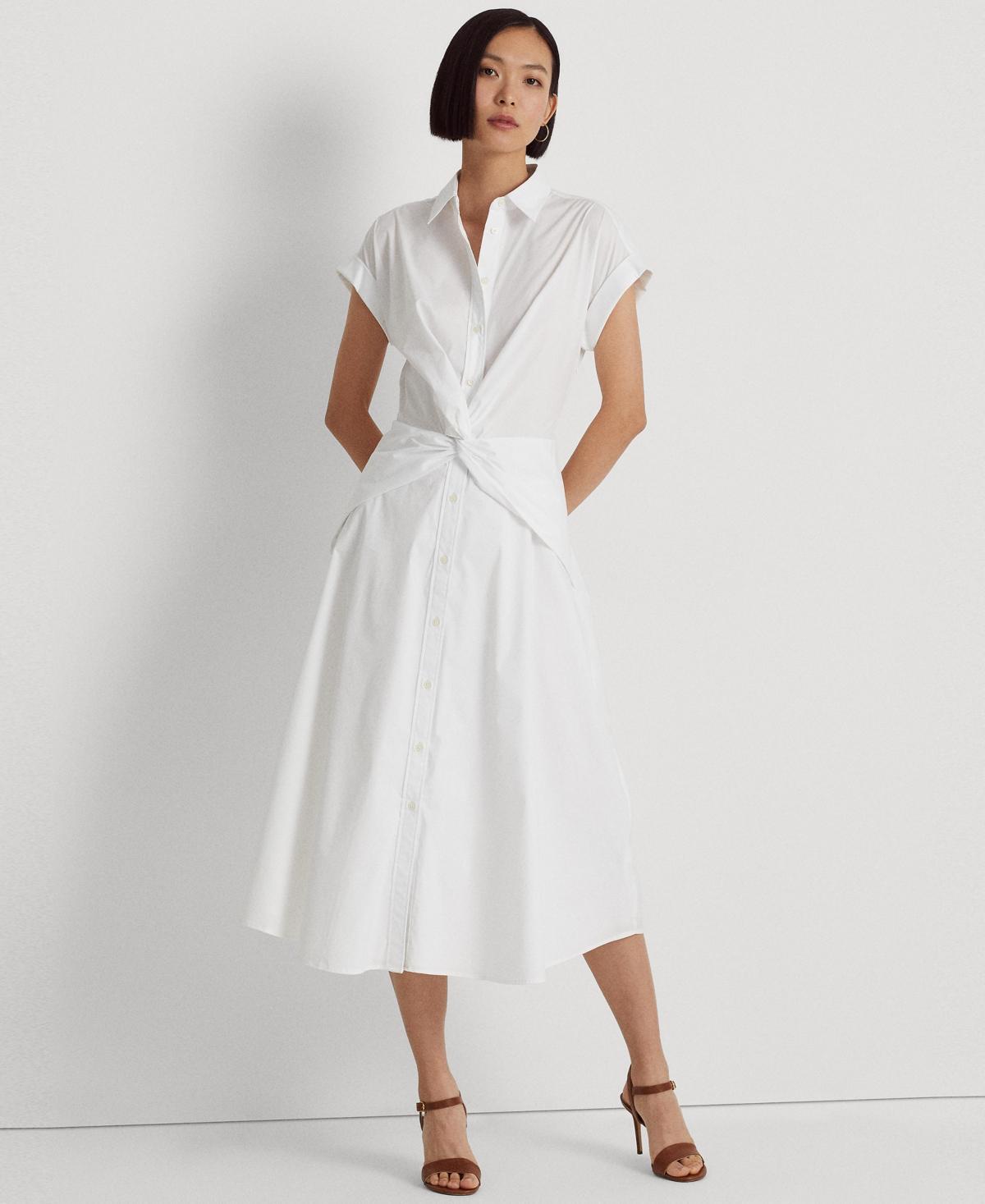 LAUREN Ralph Lauren Twist-Front Cotton-Blend Shirtdress (White) Women's Dress Product Image