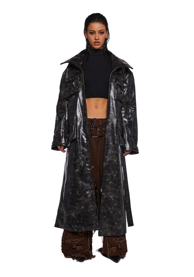 Namilia Vegan Leather Distressed Oversized Coat With Pockets - Black Product Image