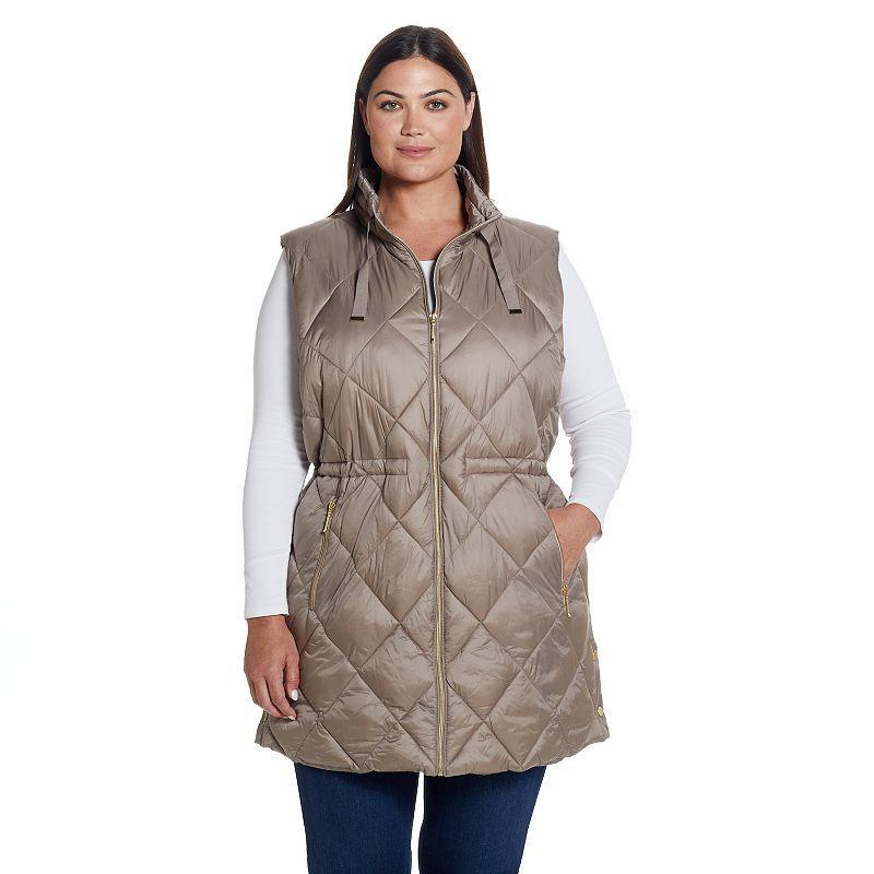 Plus Size Weathercast Diamond Quilted Puffer Longline Vest with Cinched Waist, Womens Brown Product Image