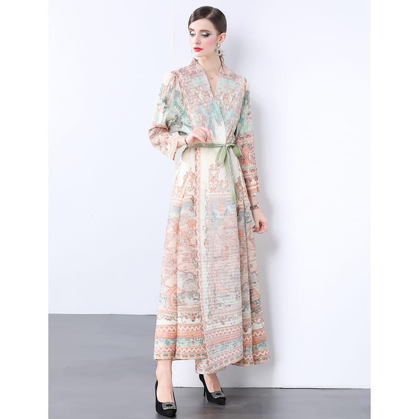 Long Sleeve V-Neck Patterned Print Tie-Waist Maxi A-Line Coat Dress Product Image