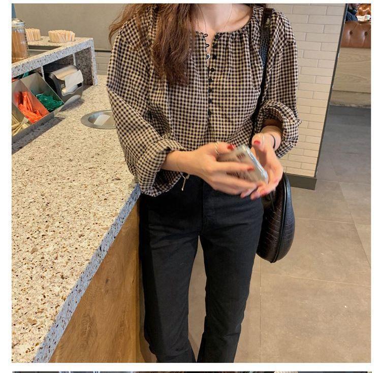 Long-Sleeve Collar-Neck Plaid Blouse Product Image