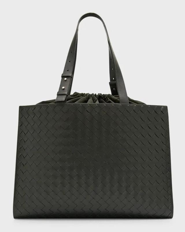 BOTTEGA VENETA Men's Medium Cassette Paper Intrecciato Leather Tote Bag In Dark Green-silver Product Image