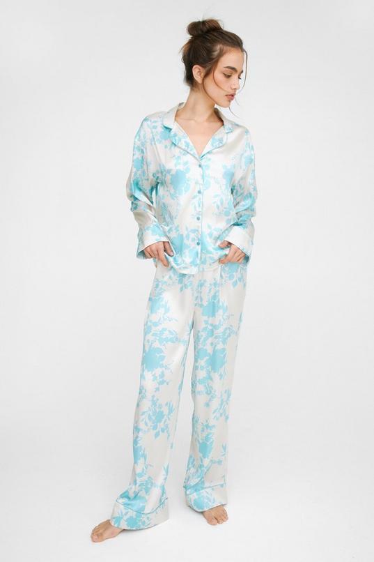 Satin Floral Pajama Pants Set Product Image