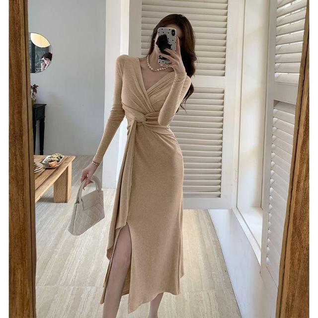 Long-Sleeve V-Neck Plain Tie Waist Slit Midi Sheath Dress Product Image