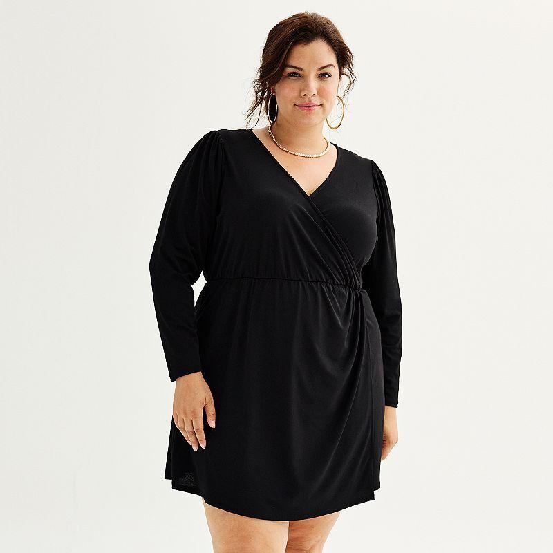 Plus Size Nine West Long Sleeve Wrap Dress, Womens Black Product Image