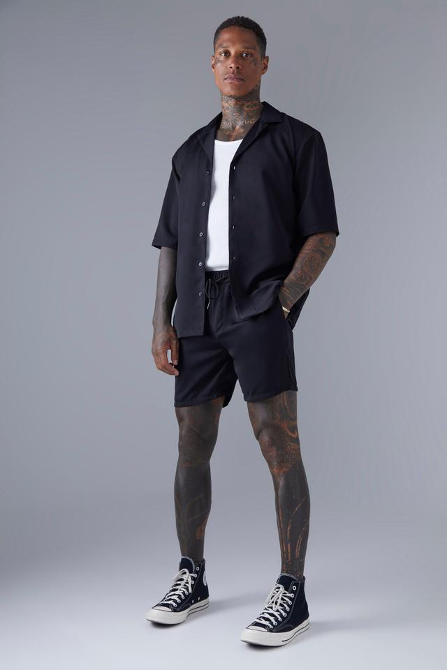 Short Sleeve Drop Revere Satin Shirt And Short Set | boohooMAN USA Product Image