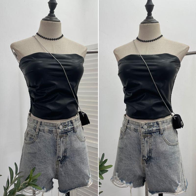 Strapless Faux Leather Plain Ruched Crop Top Product Image