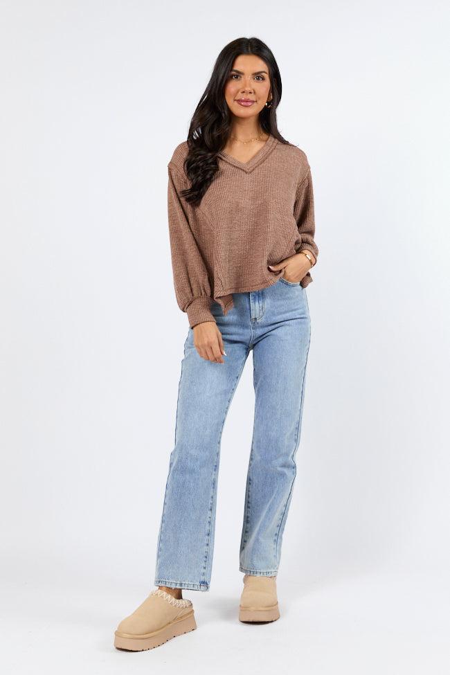 Never Say Never Mocha Ribbed Knit V-Neck Long Sleeve Top Product Image