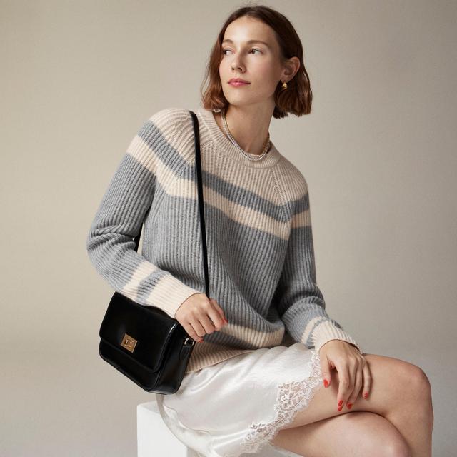 Ribbed cashmere oversized crewneck sweater in neutral colorblock Product Image