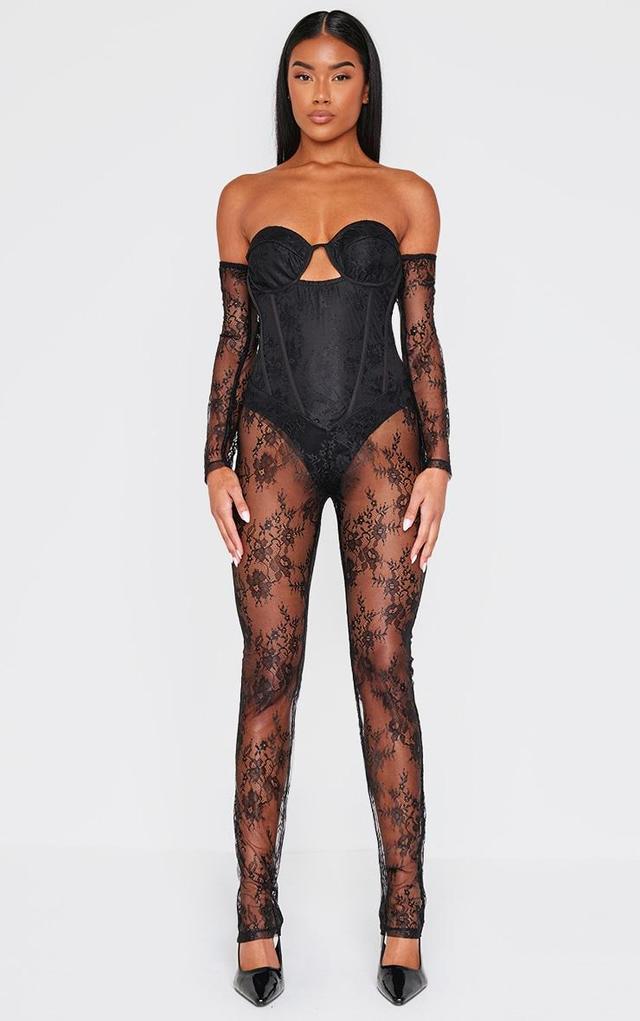 Black Lace Corset Detail Bardot Jumpsuit Product Image