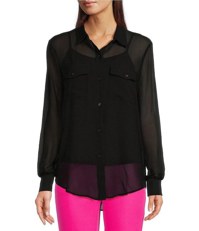 DKNY Woven Chiffon Button Down Collared Blouse Product Image