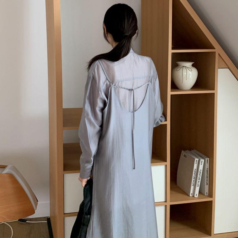 Puff-Sleeve Plain Midi Shirtdress / Pain Midi Overall Dress Product Image