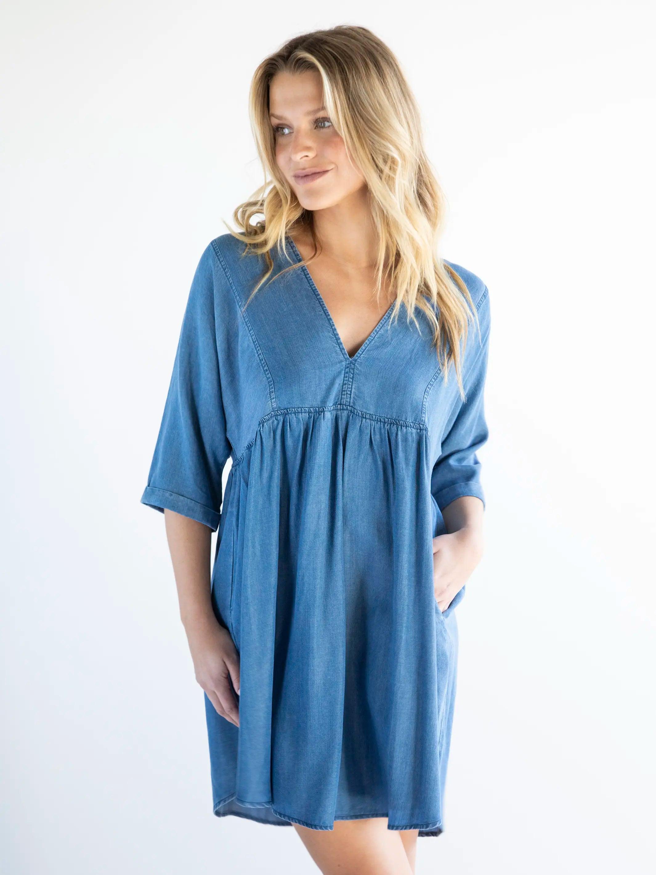 Stella V-Neck Mini Dress - Denim Blue Product Image