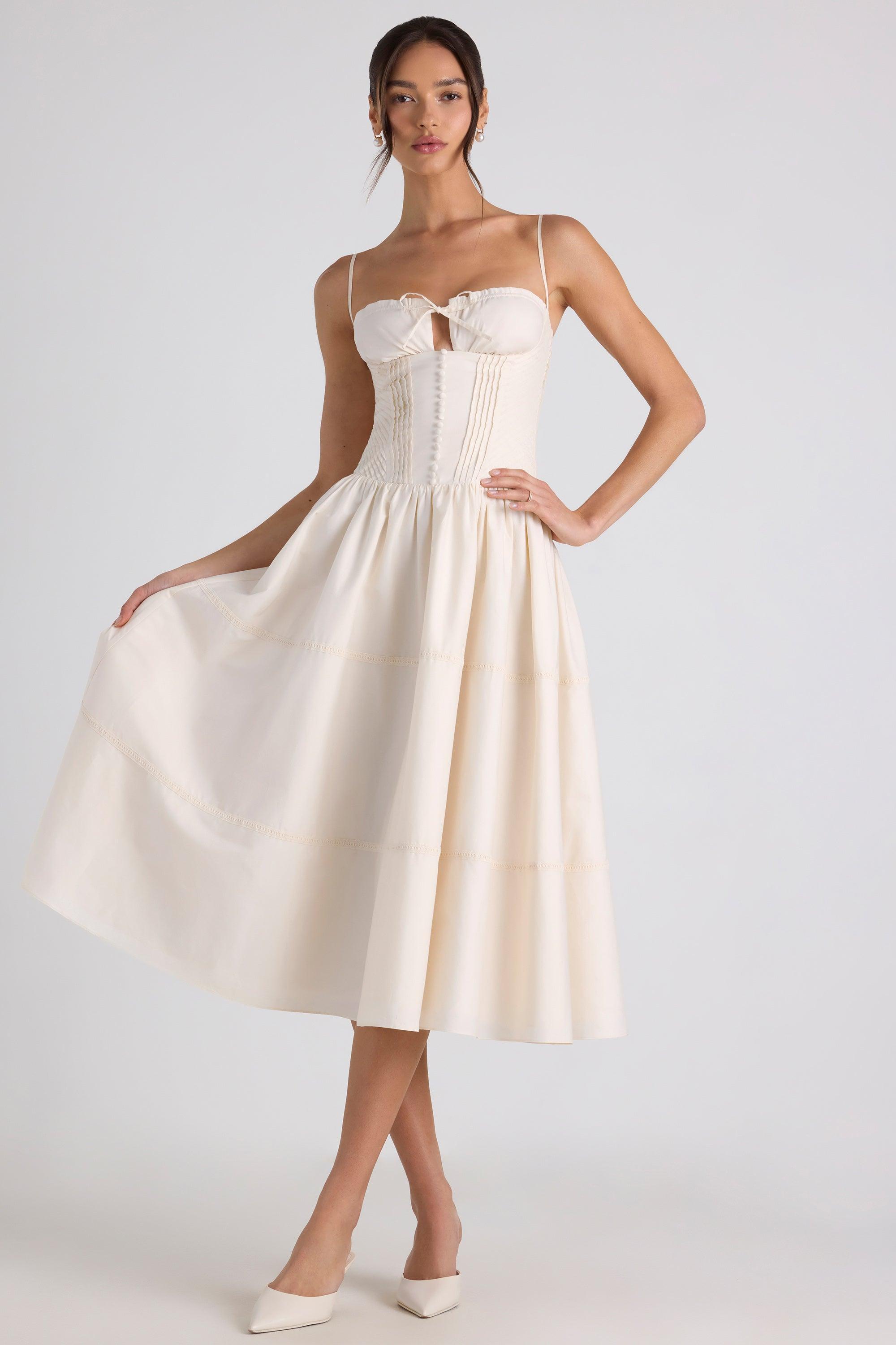 Lace-Trim Pintucked Poplin Midaxi Dress in Ivory Product Image