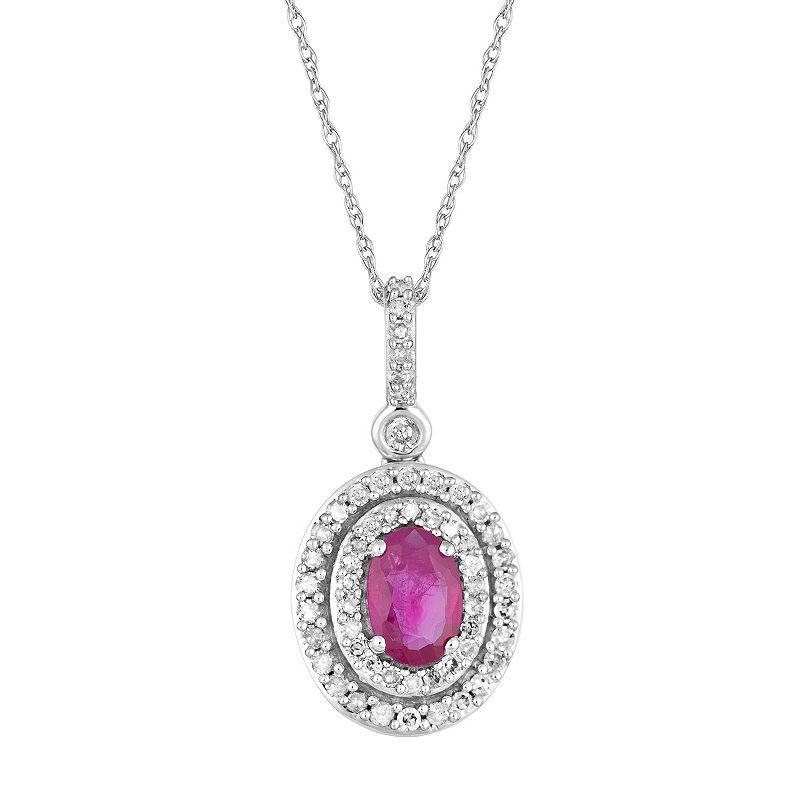 10k White Gold Ruby & 1/4 Carat T.W. Diamond Double Halo Pendant Necklace, Womens Red Product Image