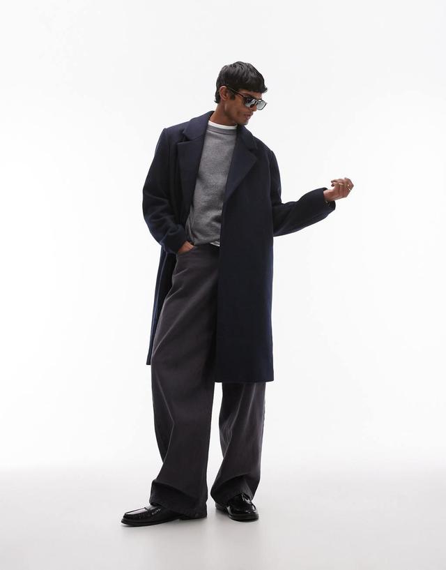 Topman single breasted overcoat in navy Product Image