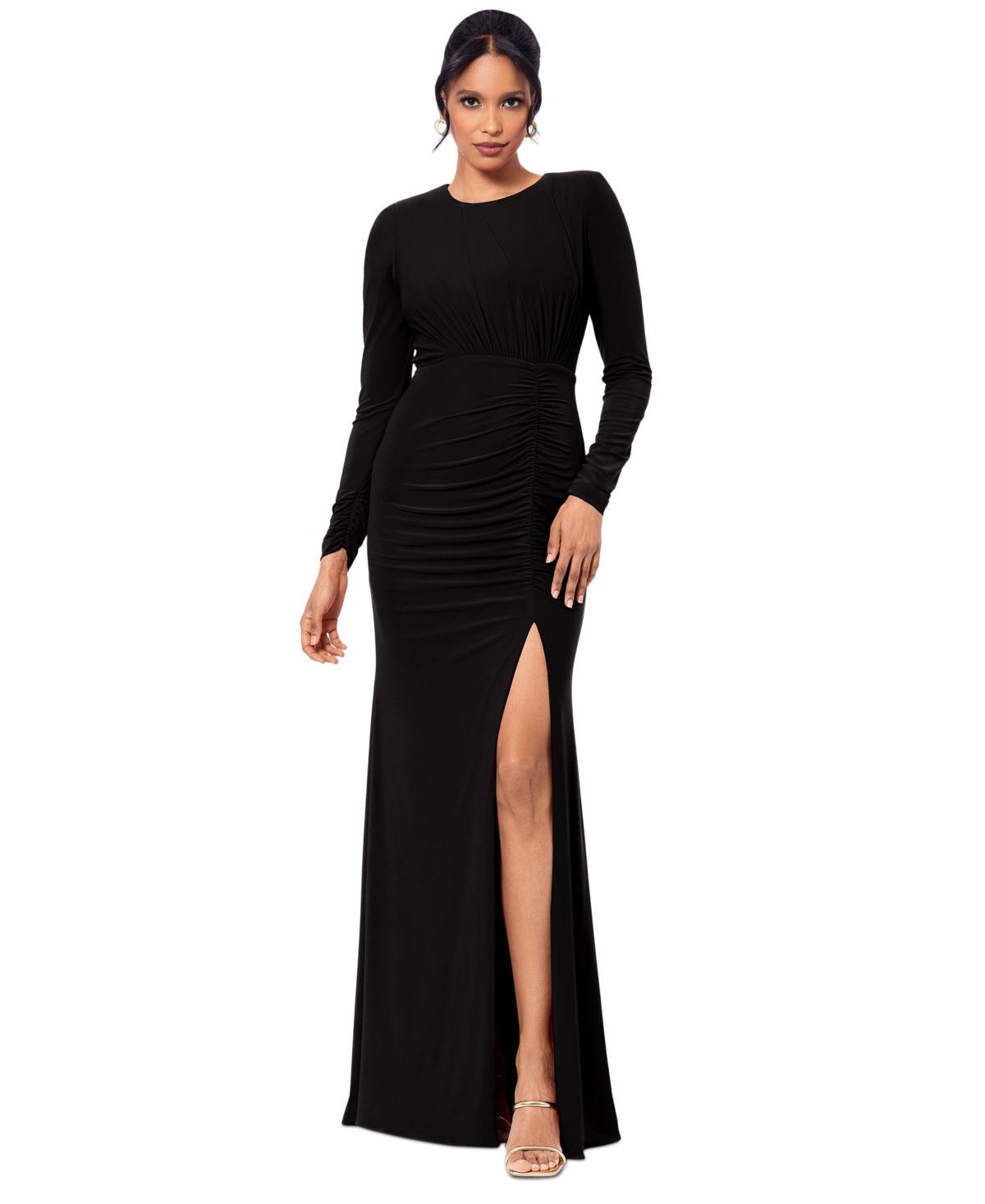 Women's Ruched Long-Sleeve Slit Gown Product Image