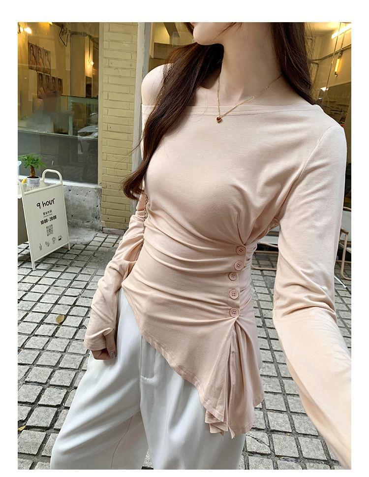 Long-Sleeve Boat Neck Plain Asymmetrical Button Hem Slim Fit T-Shirt Product Image