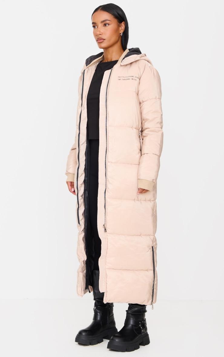 PRETTYLITTLETHING Stone Text Front Maxi Puffer Coat Product Image