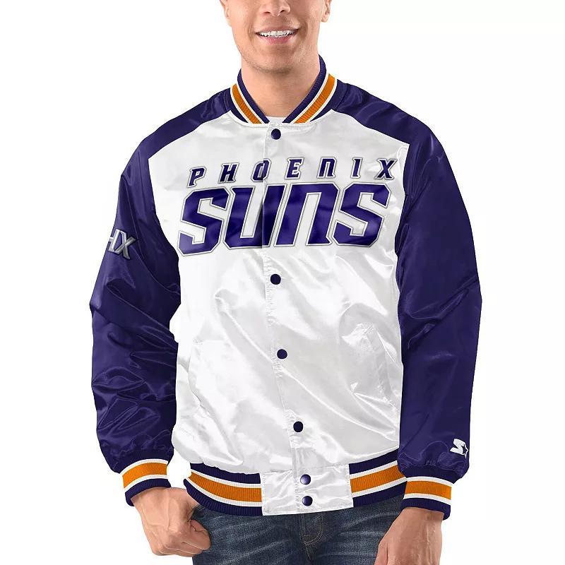 Mens Starter White/Purple Phoenix Suns Renegade Satin Full-Snap Varsity Jacket Product Image