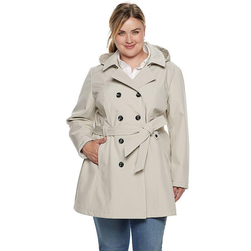 Plus Size Sebby Collection Double-Breasted Hooded Soft Shell Jacket, Womens Blue Product Image