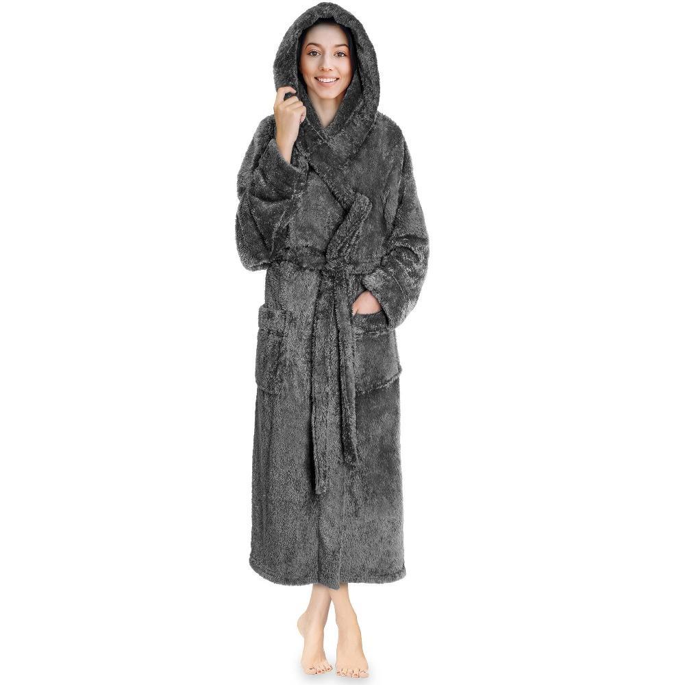 PAVILIA Women Hooded Plush Soft Robe, Fluffy Warm Fleece Faux Shearling Shaggy Bathrobe (Gray, Small-Medium) Product Image