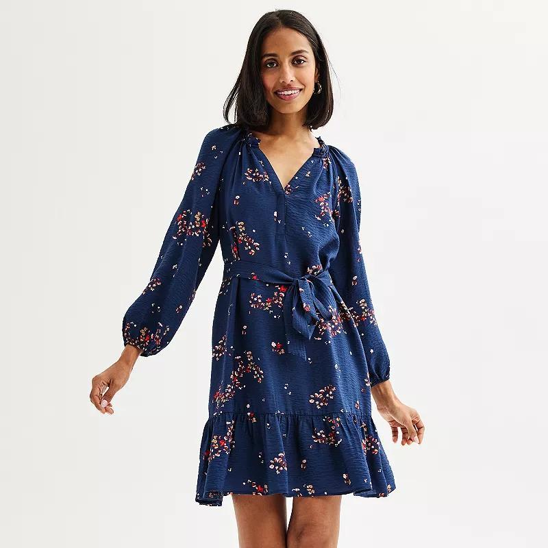 Petite Sonoma Goods For Life Printed Split Neck Long Sleeve Ruffle Dress, Womens Red Blue Floral Product Image