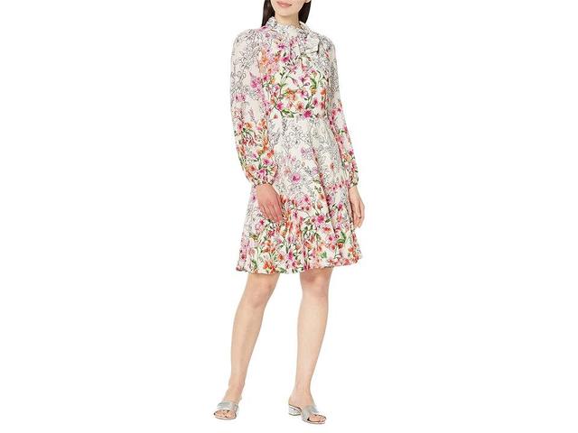 Maggy London Long Sleeve Mini Dress with Neck Tie (Ivory/Pink Bud) Women's Dress Product Image