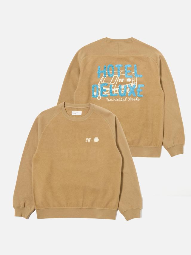 Universal Works Crew Sweat in Sand 'Hotel Deluxe' Embroidered Brush Back Product Image