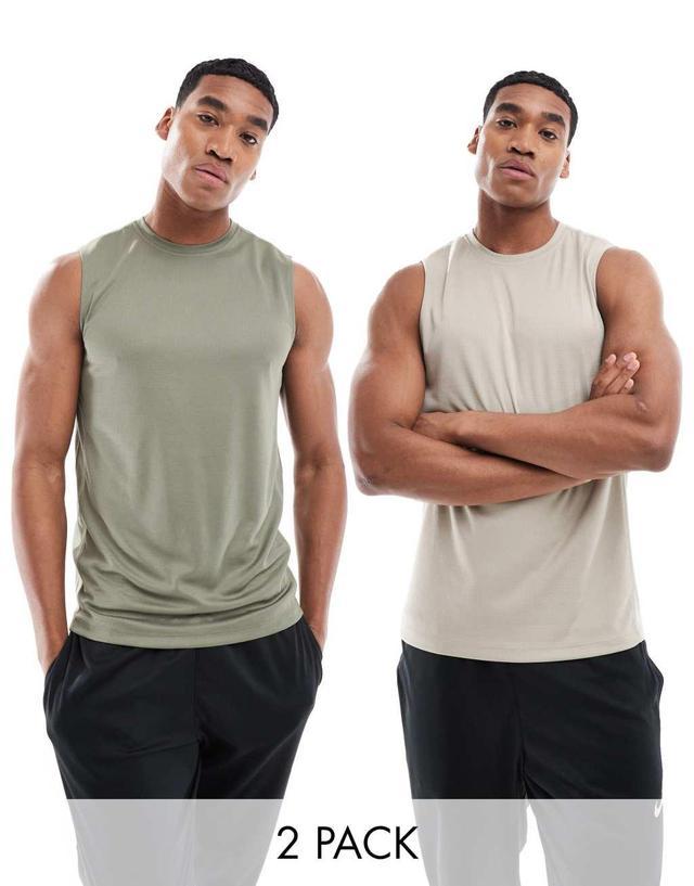 ASOS 4505 Icon training sleeveless t-shirt with quick dry 2 pack in beige and khaki Product Image