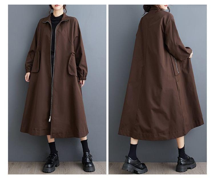 Stand Collar Plain Zip-Up Long Trench Coat Product Image