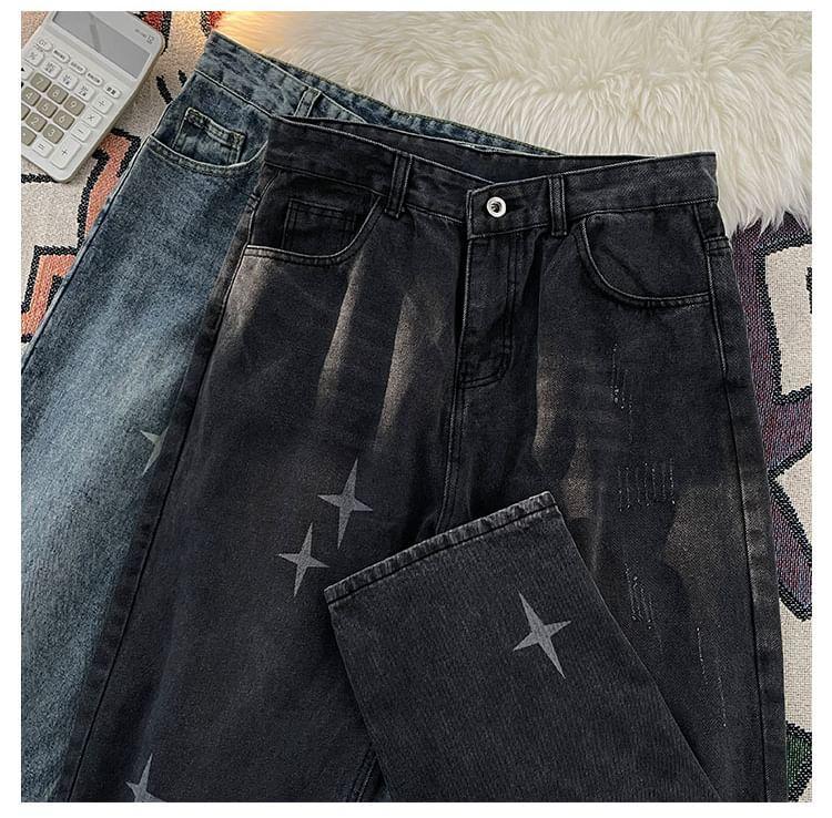 Mid Rise Washed Star Print Wide Leg Jeans Product Image