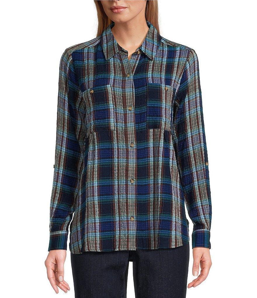 Intro Woven Plaid Print Point Collar 3/4 Roll-Tab Sleeve Button-Front Shirt Product Image