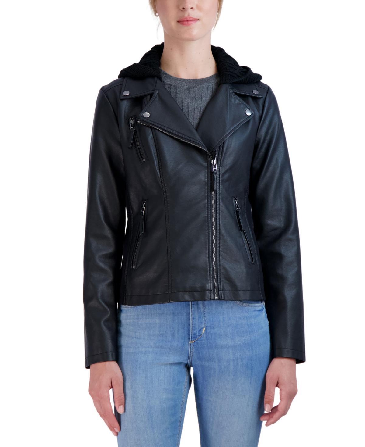 Womens Sebby Collection Hooded Faux-Leather Moto Jacket Black Product Image