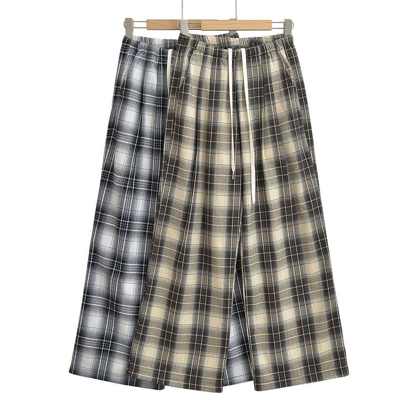 Drawstring Waist Plaid Wide Leg Pants Product Image