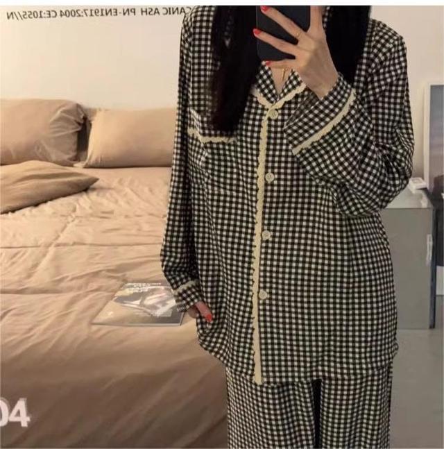 Pajama Set: Gingham Lace Trim Shirt + Pants Product Image