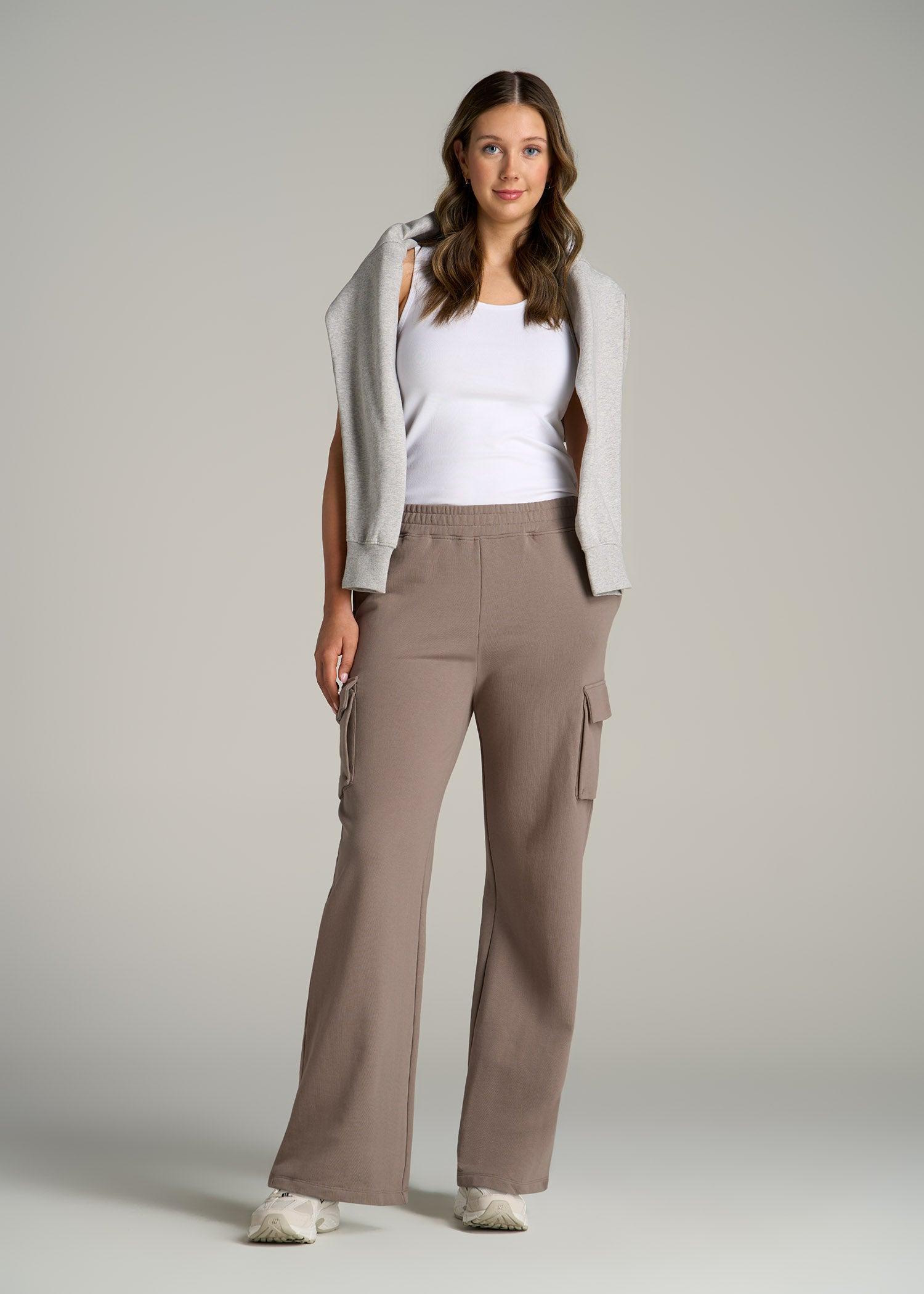 French Terry Wide Leg Cargo Sweatpants for Tall Women in Portobello Female Product Image