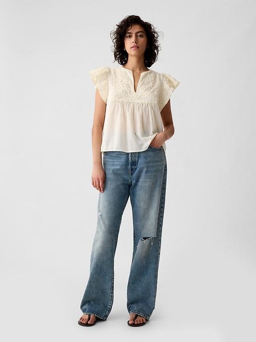 Crinkle Gauze Embroidered Cropped Shirt Product Image