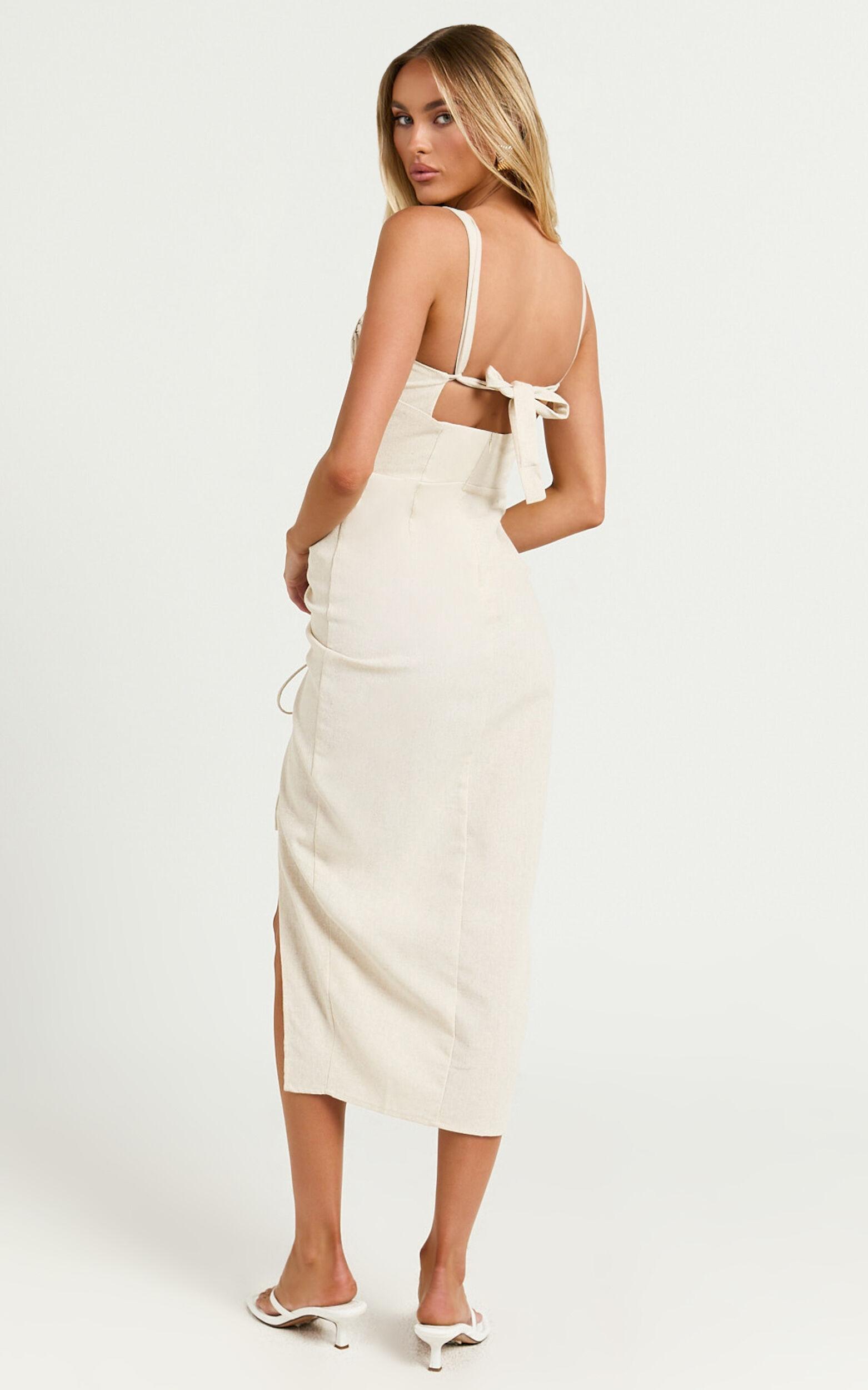 Griffin Midi Dress - Embroidered Tie Back Ruched Dress in Oatmeal Product Image