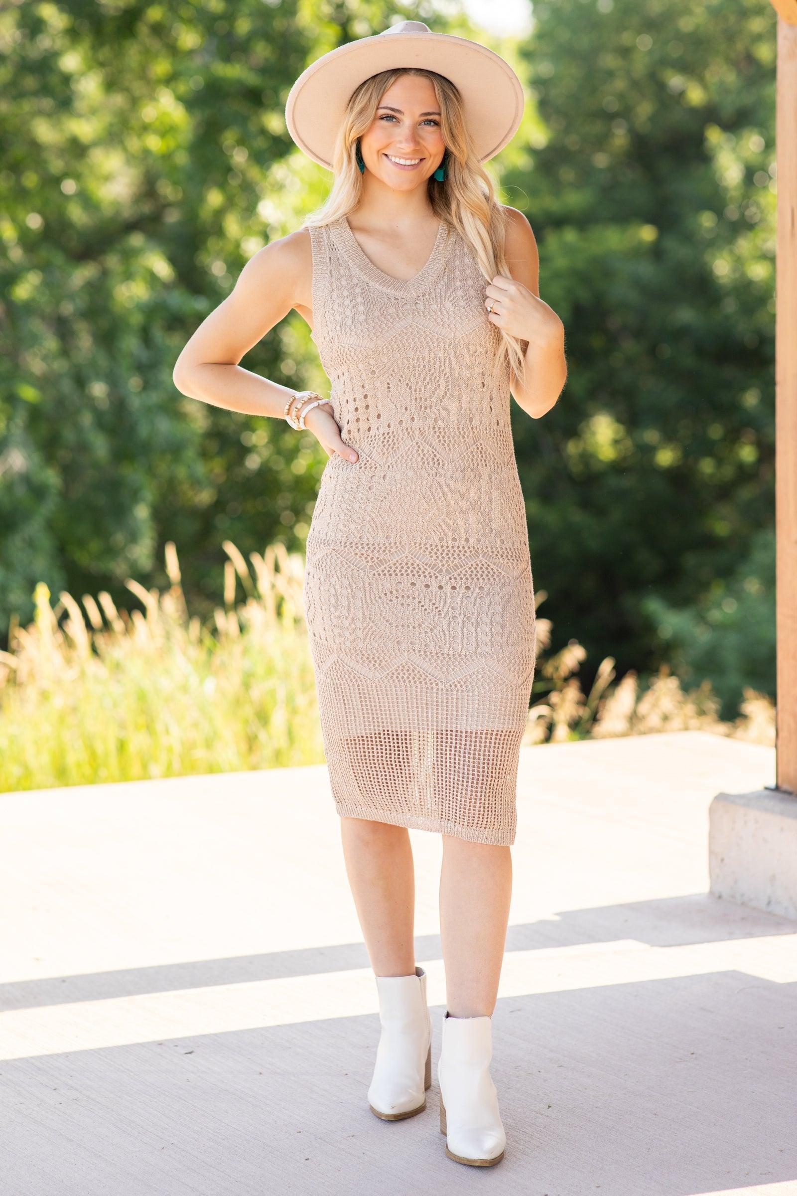 Tan Lurex Crochet Dress With Lining Product Image